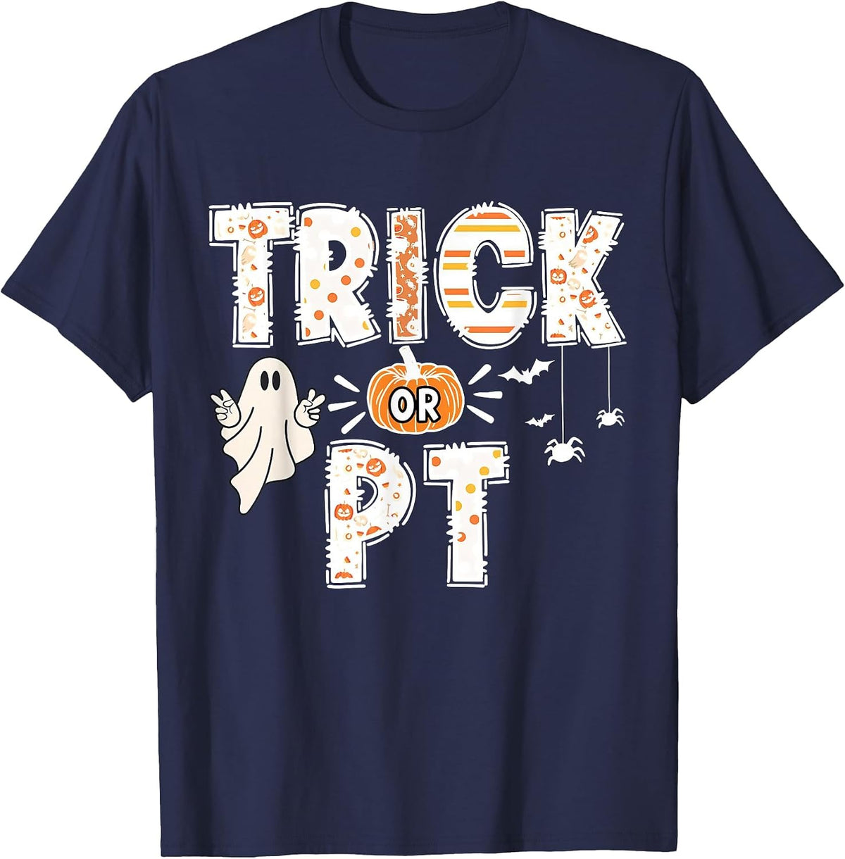 Cute Ghost Pumpkin Trick Or PT Physical Therapy Halloween T-Shirt - Navy Blue