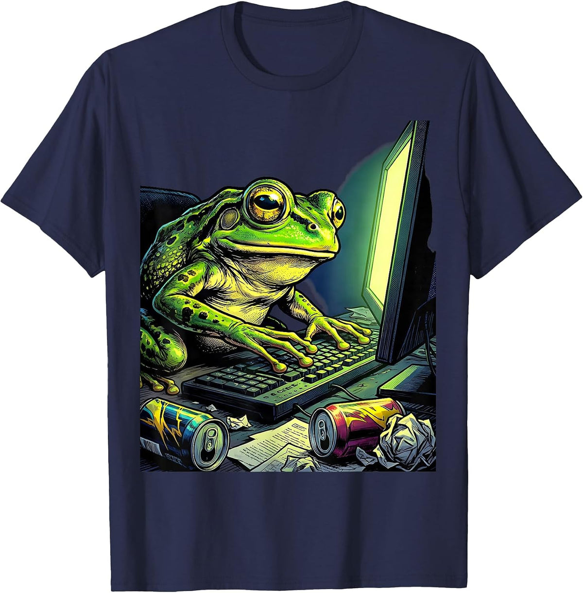 Frog Night Owl Late Night Computer Session T-Shirt - Navy Blue