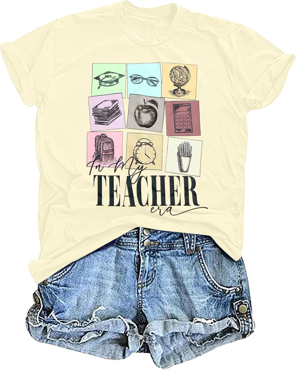 Teacher Shirts for Women in My Teacher Era Shirt Kindergarten Teacher Graphic Tee Casual Teaching Life Shirts - Apricot