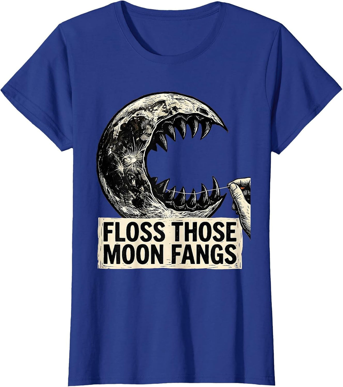 Women's Floss Those Moon Fangs Linocut Halloween Dental Hygienist T-Shirt - Royal Blue