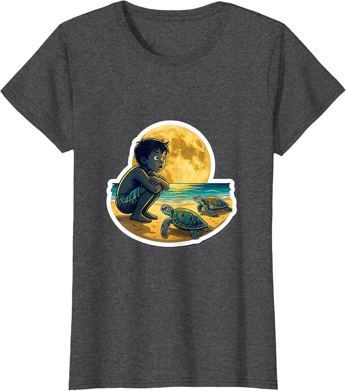 Women's Boys Hawaiian Sea Turtle Nesting Moonlit Beach T-Shirt - Dark Heather Grey