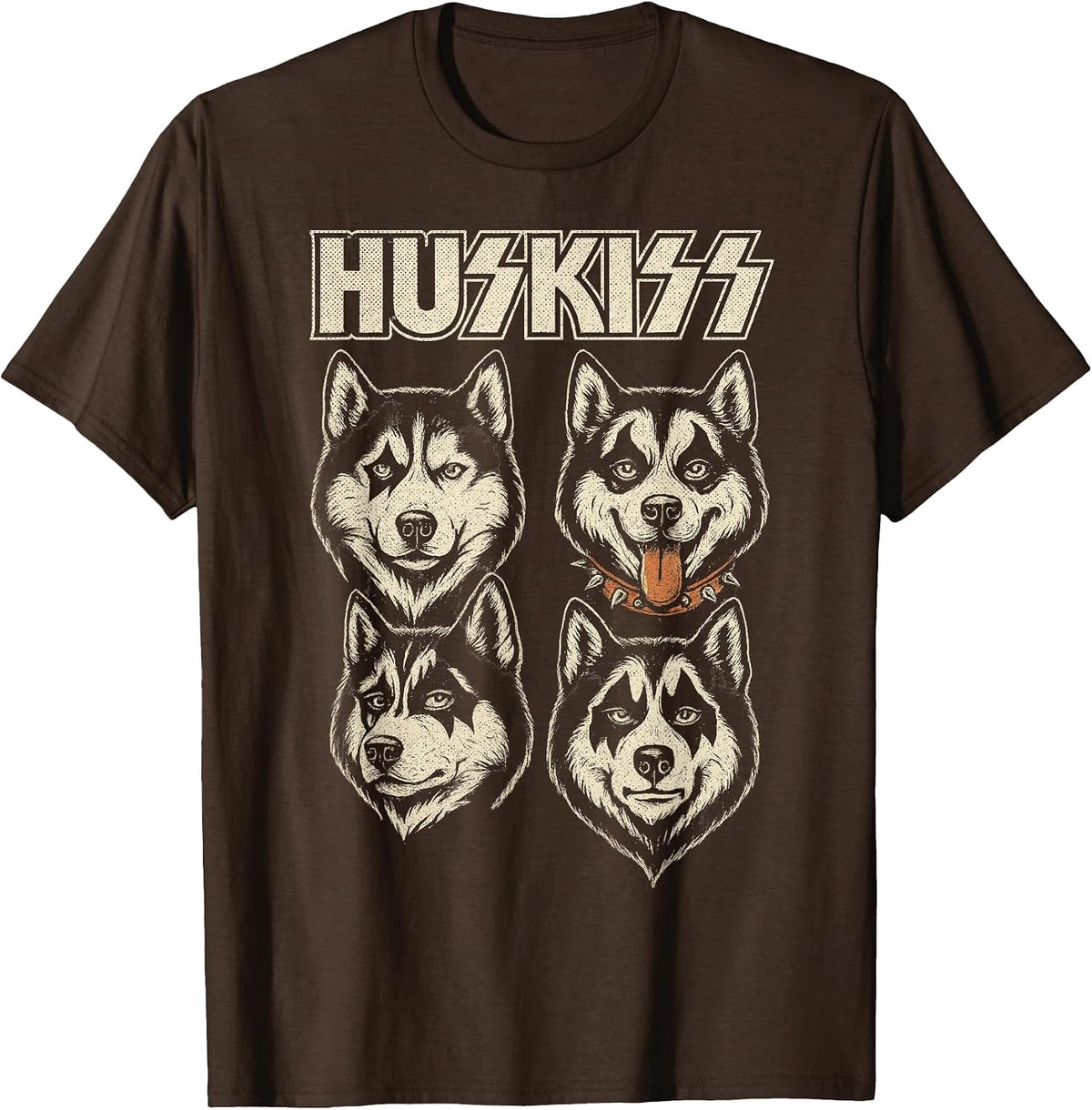 Funny Huskiss Siberian Husky Dog Glam Rock and Roll Parody T-Shirt - Brown