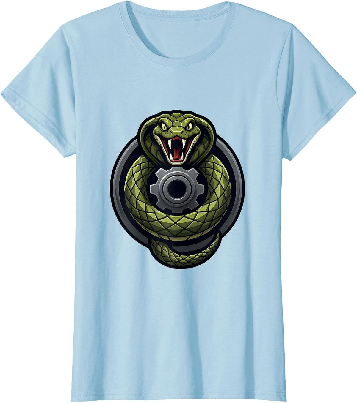 Snake Coiled Around Gear Shaft Mechanic Design T-Shirt - Baby Blue