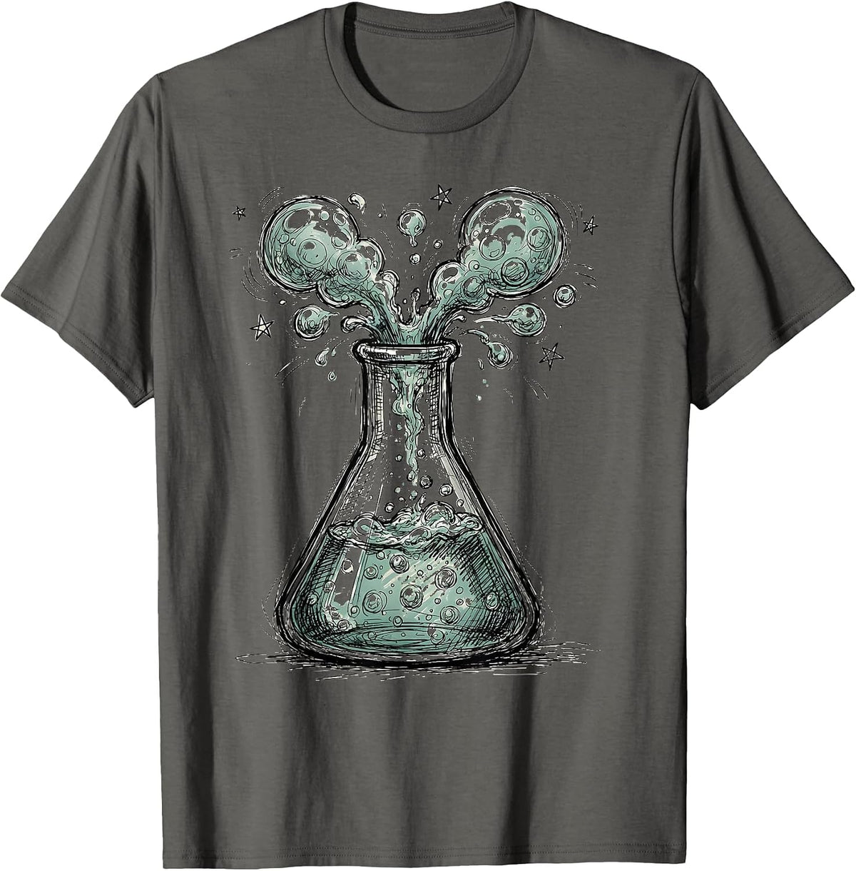 Chemistry Flask Bubbling Colorful Liquid Science Art T-Shirt - Asphalt Grey