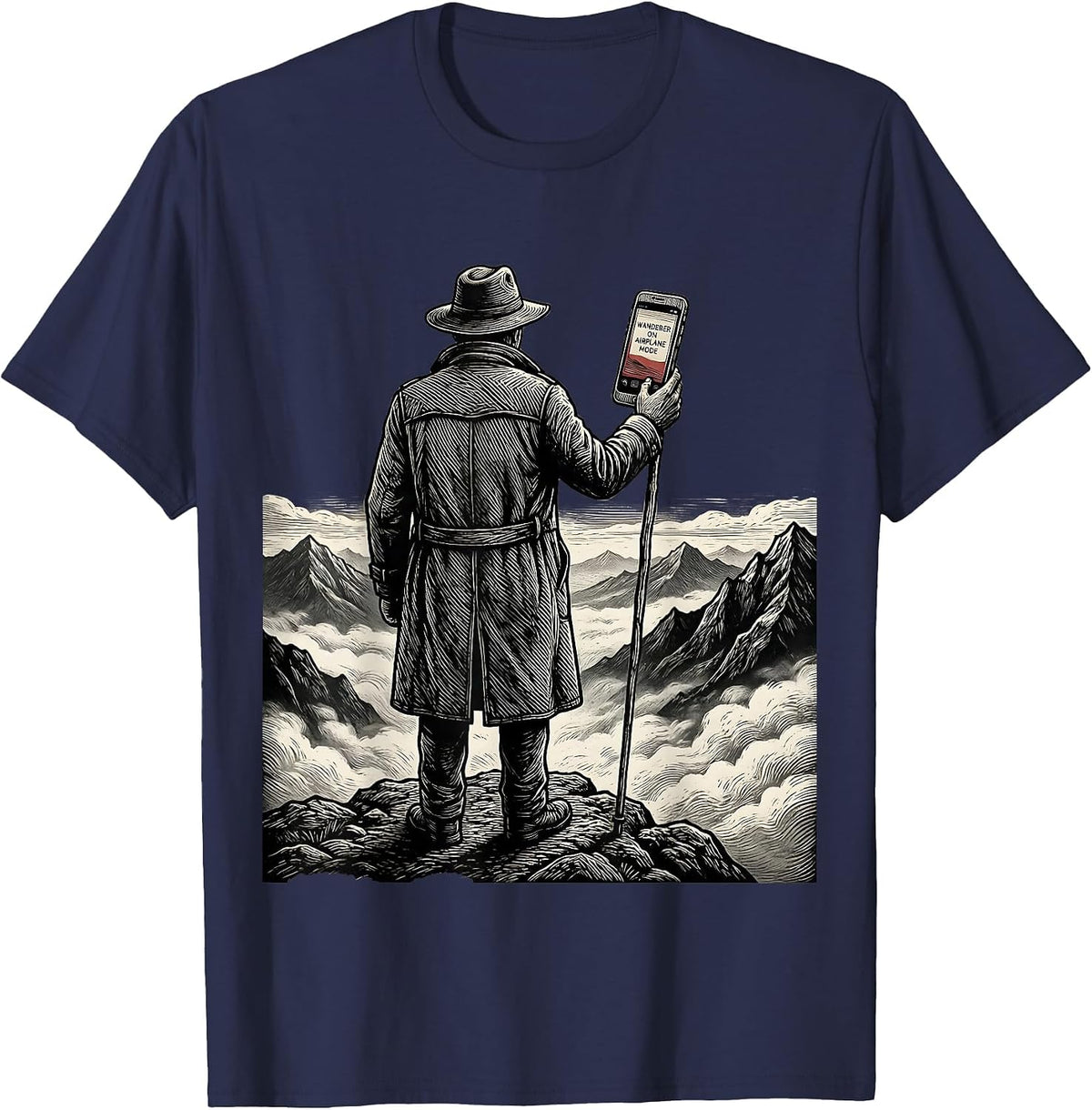 Men's Wanderer On Airplane Mode Woodcut Engraving Art History T-Shirt - Navy Blue