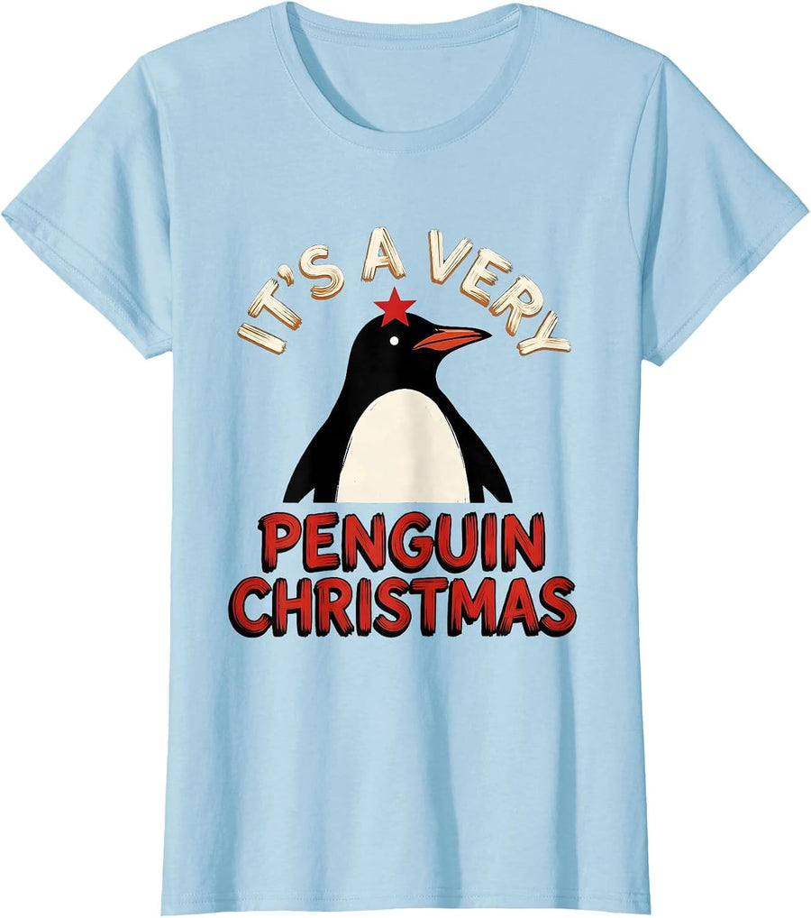 Women's It's A Very Penguin Christmas Funny Penguin Lover Holiday T-Shirt - Baby Blue