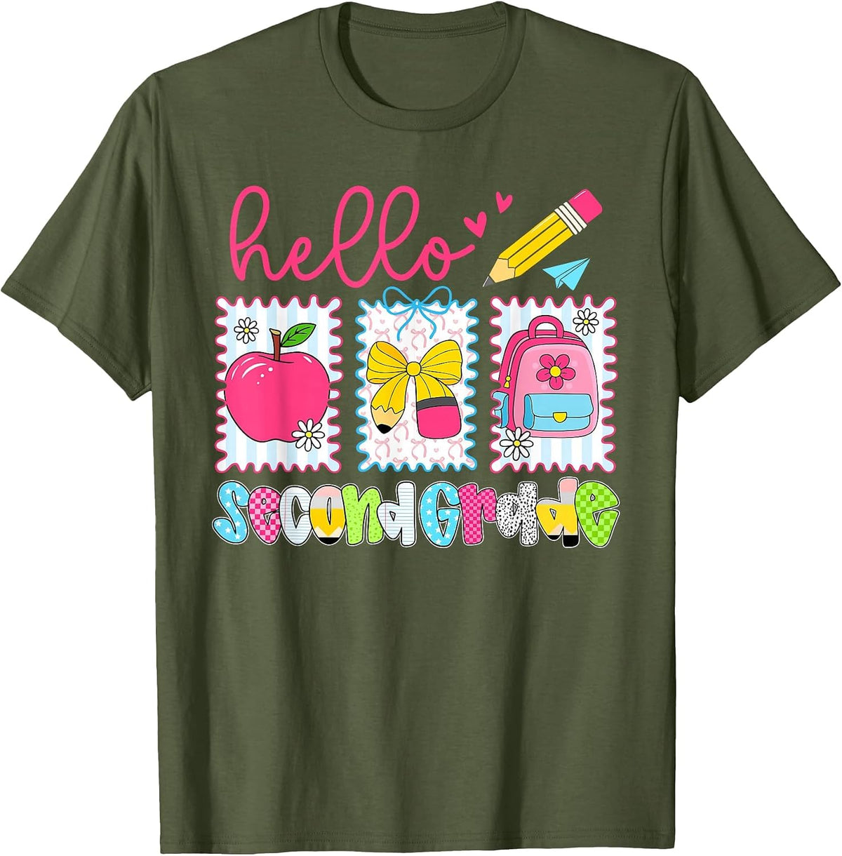 Preppy Hello Second Grade Team Back to School Teachers Kids T-Shirt, Men, Olive Green, XX-Large - As Pictured