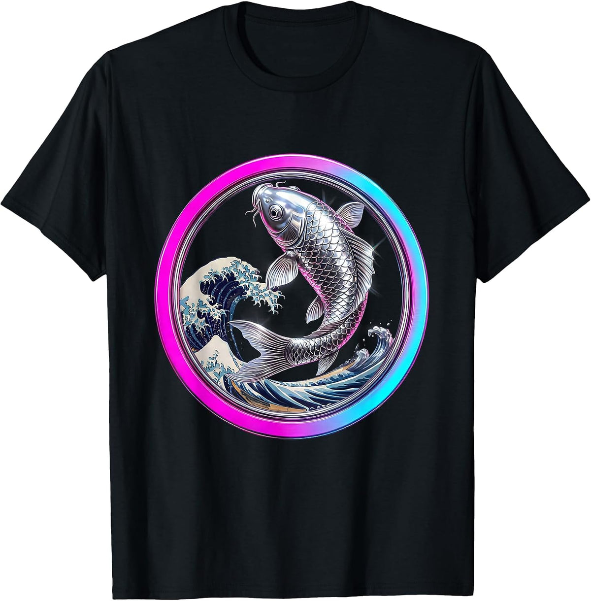 Men's Koi Fish Leaping Wave Anime Art Design T-Shirt - Black