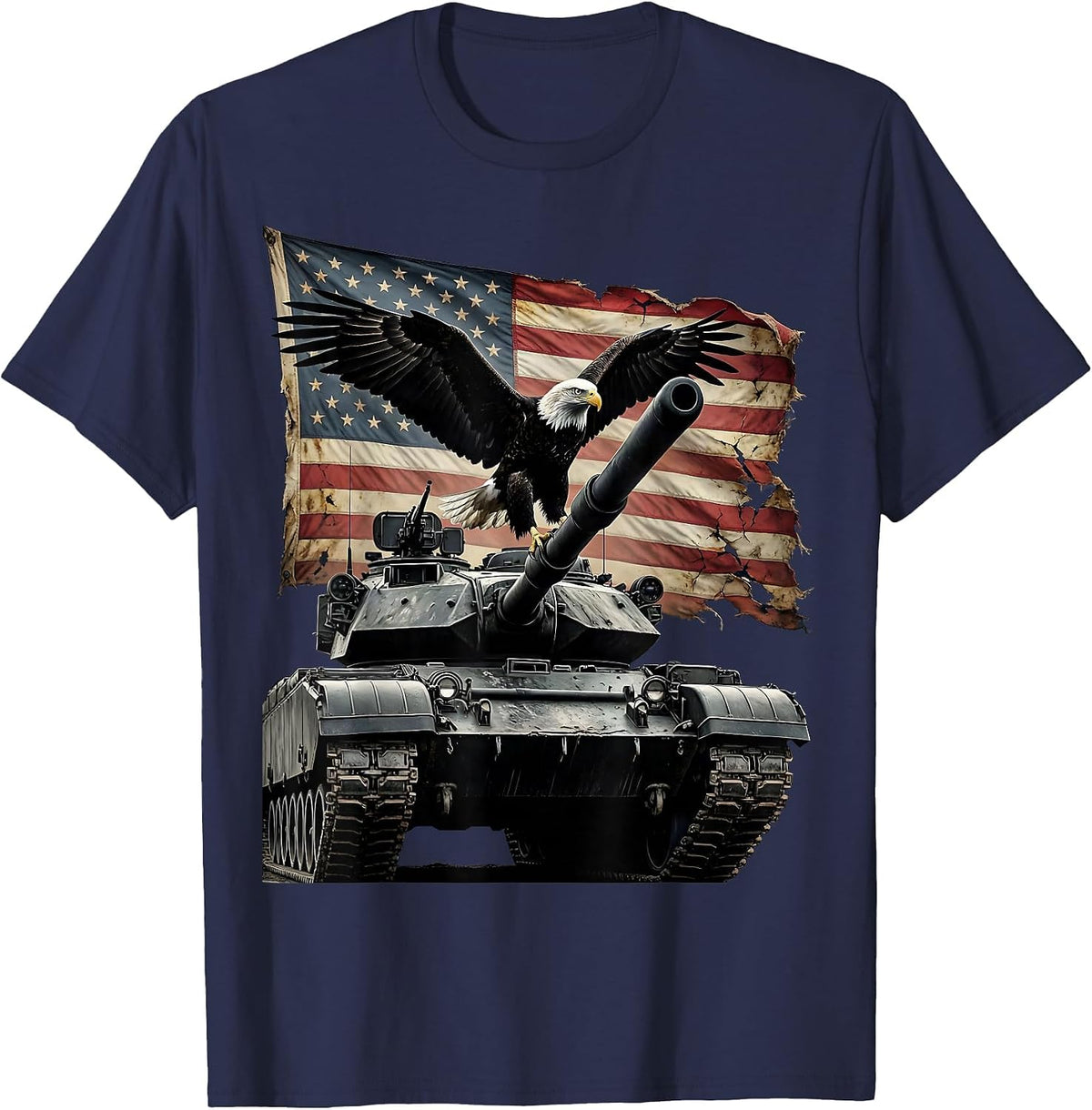 Bald Eagle Perched on Tank Barrel Patriotic Art T-Shirt - Navy Blue
