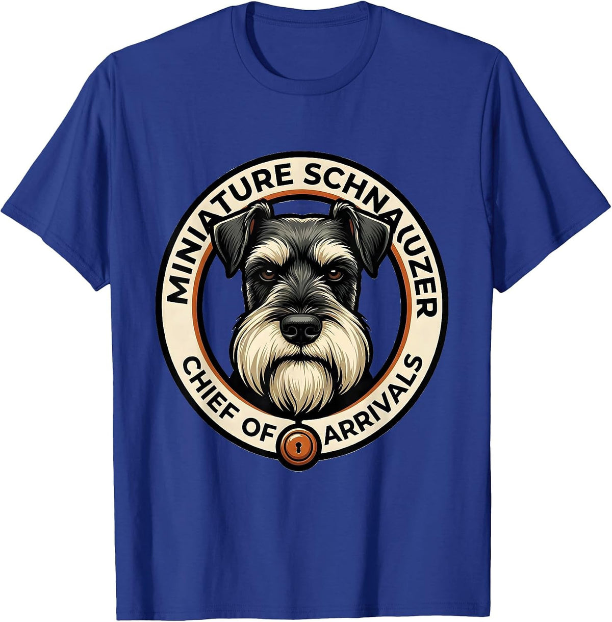 Men's Miniature Schnauzer Chief Of Arrivals Mascot Logo Dog Owner T-Shirt - Royal Blue