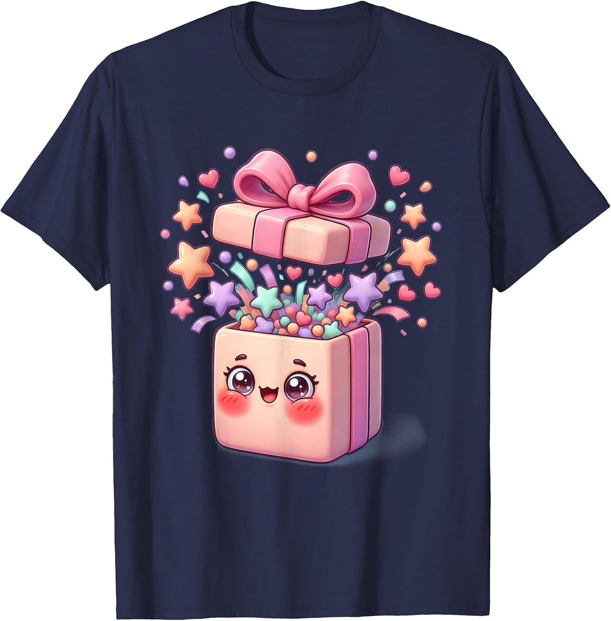 Colorful Confetti Burst Gift Box Celebration T-Shirt - Navy Blue