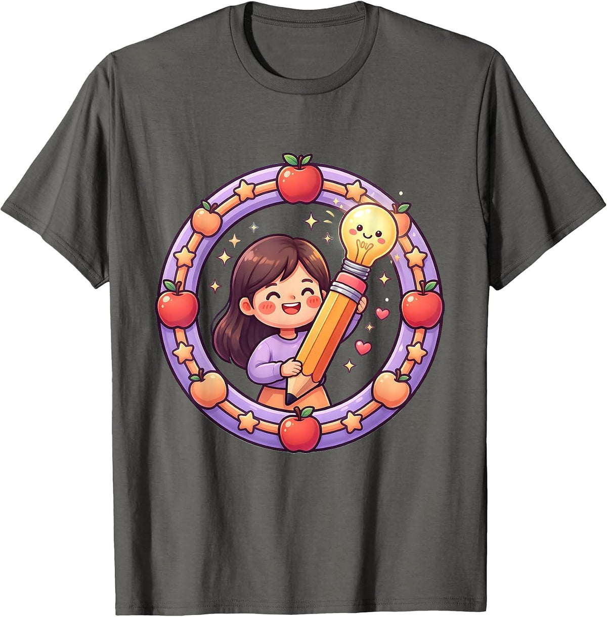 Elementary Teacher Lightbulb Pencil Raise Hand Design T-Shirt - Asphalt Grey