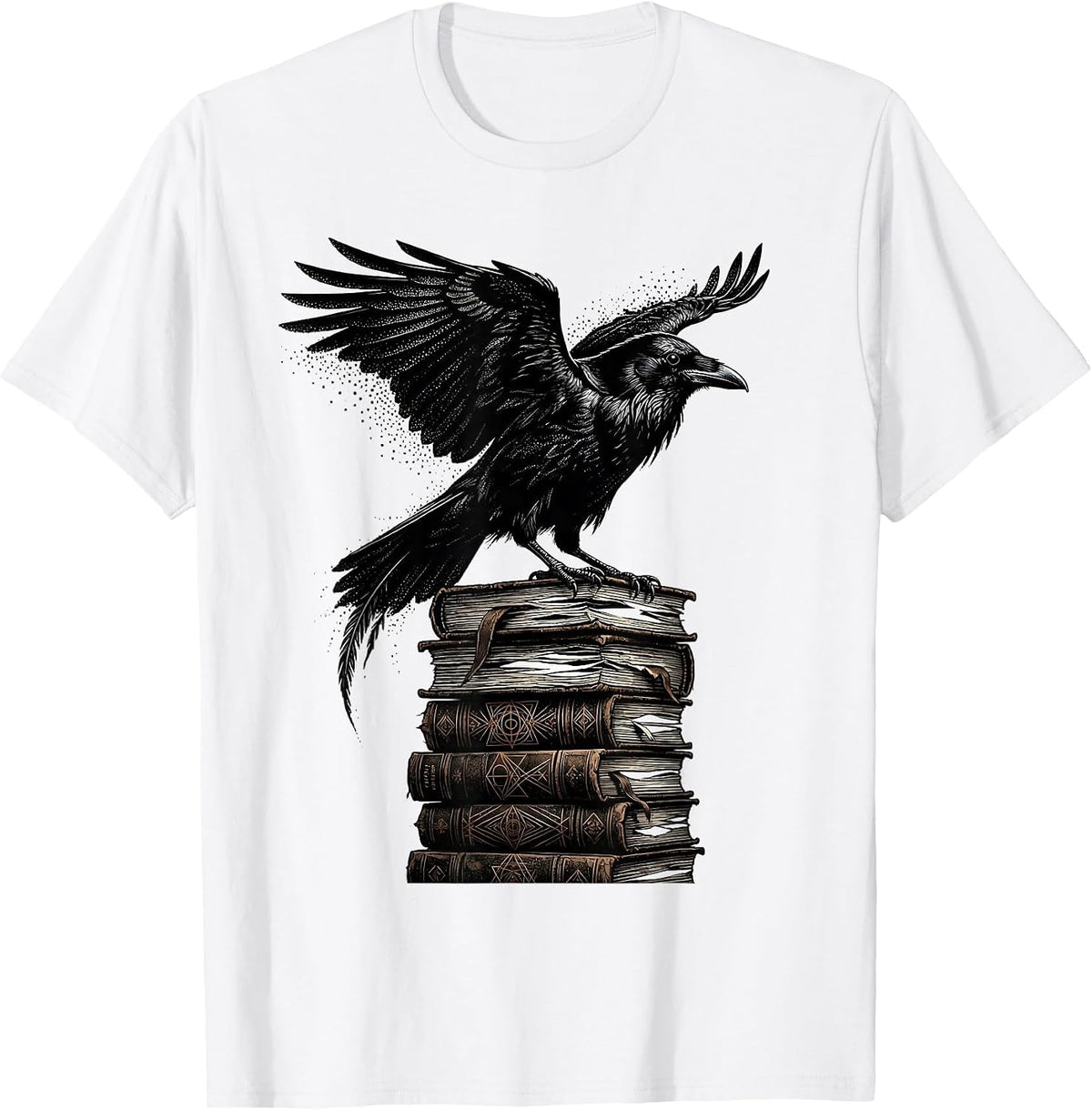 Men's Raven Perched on Stack of Old Books T-Shirt - White
