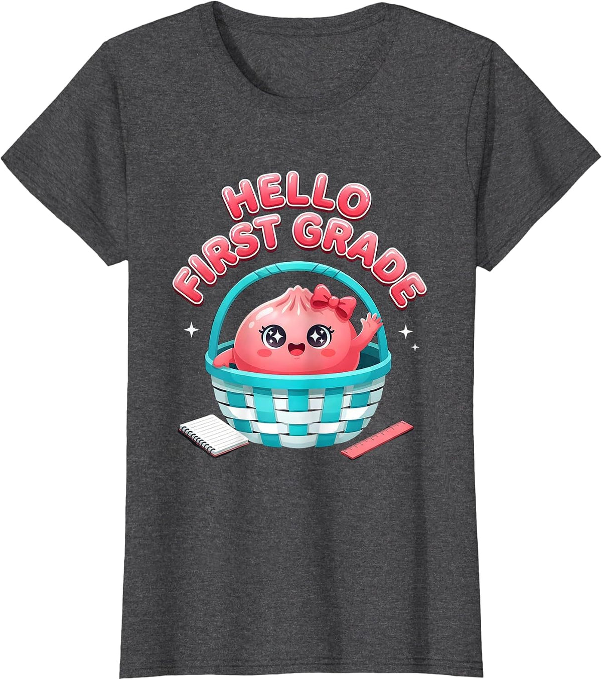 Women's Hello First Grade Cute Dumpling Back to School Girl Teacher T-Shirt - Dark Heather Grey
