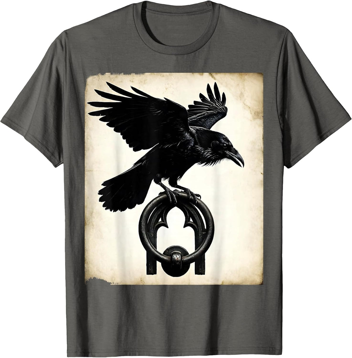 Men's Raven on Door Knocker Gothic Dark Art Illustration T-Shirt - Asphalt Grey