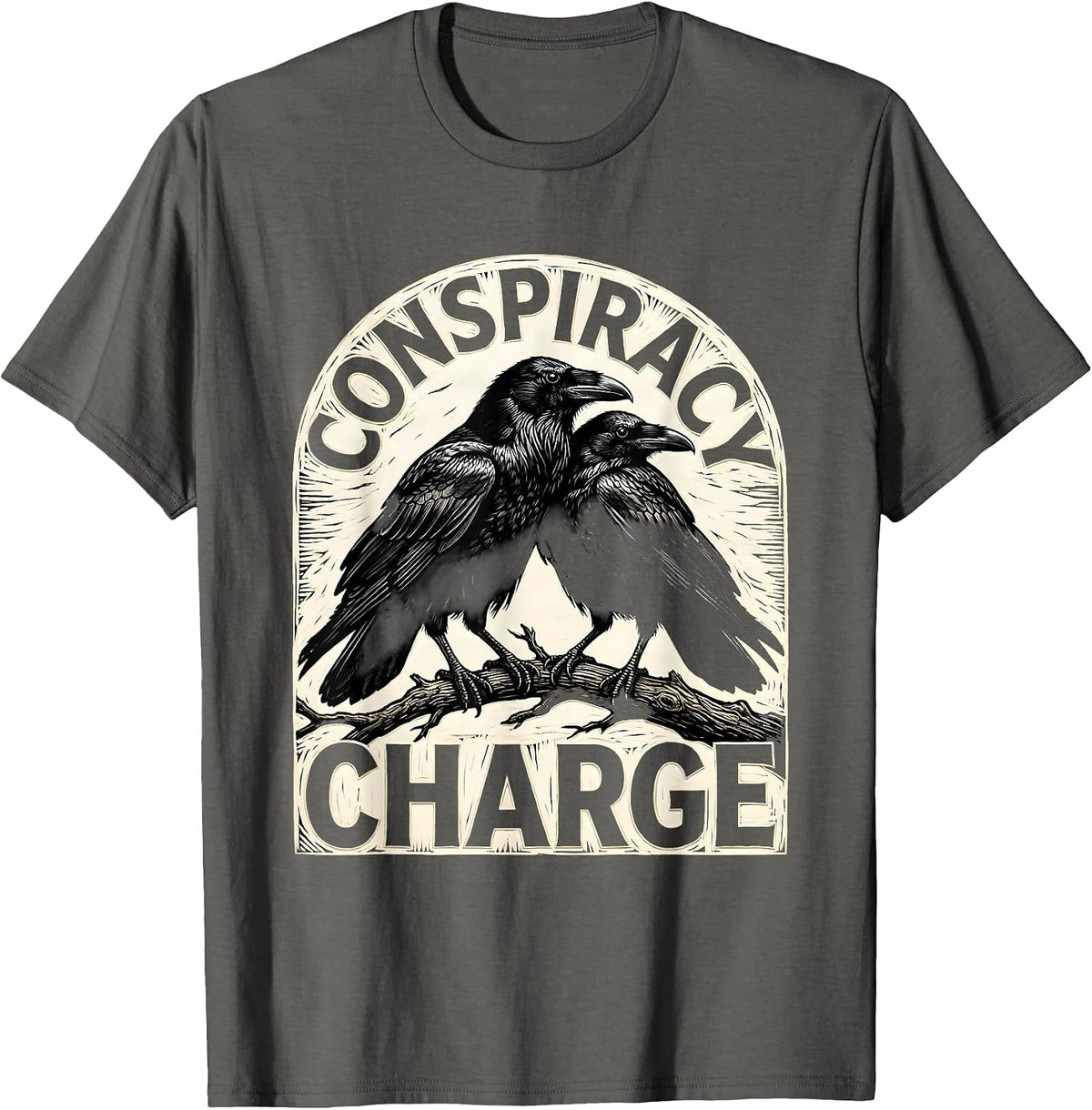 Conspiracy Charge Woodcut Engraving Crow Lover Literary T-Shirt - Asphalt Grey