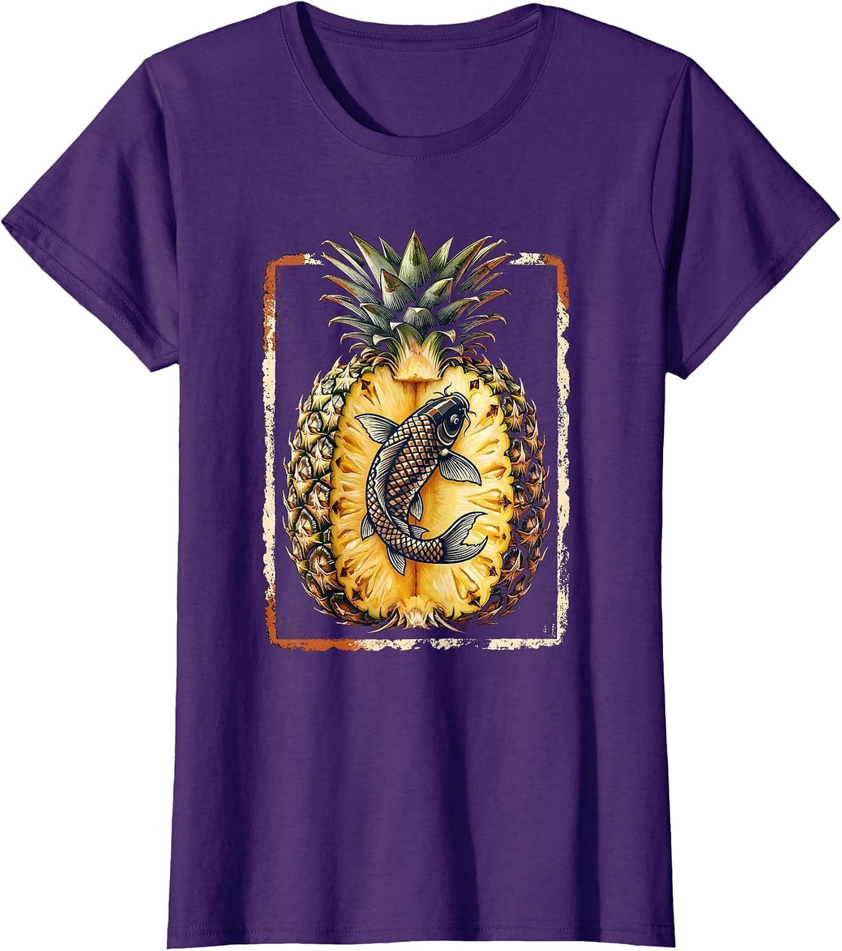 Women's Pineapple Koi Fish Split Fruit Graphic Design T-Shirt - Purple