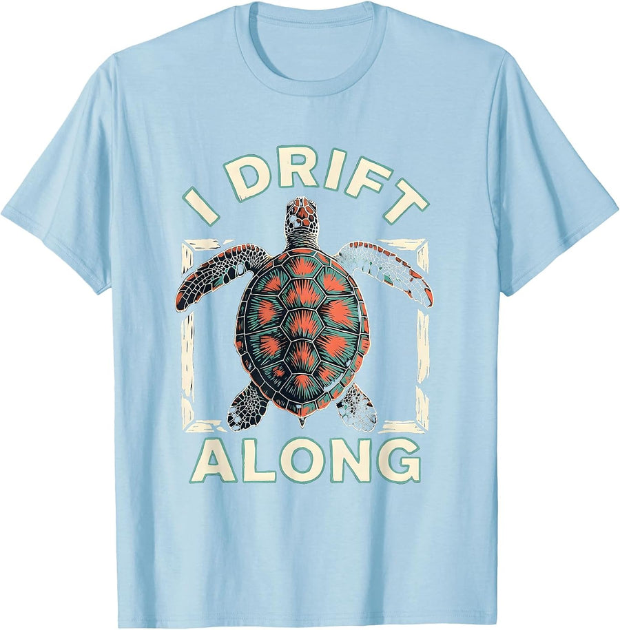 Men's I Drift Along Linocut Sea Turtle Ocean Animal Tropical T-Shirt - Baby Blue