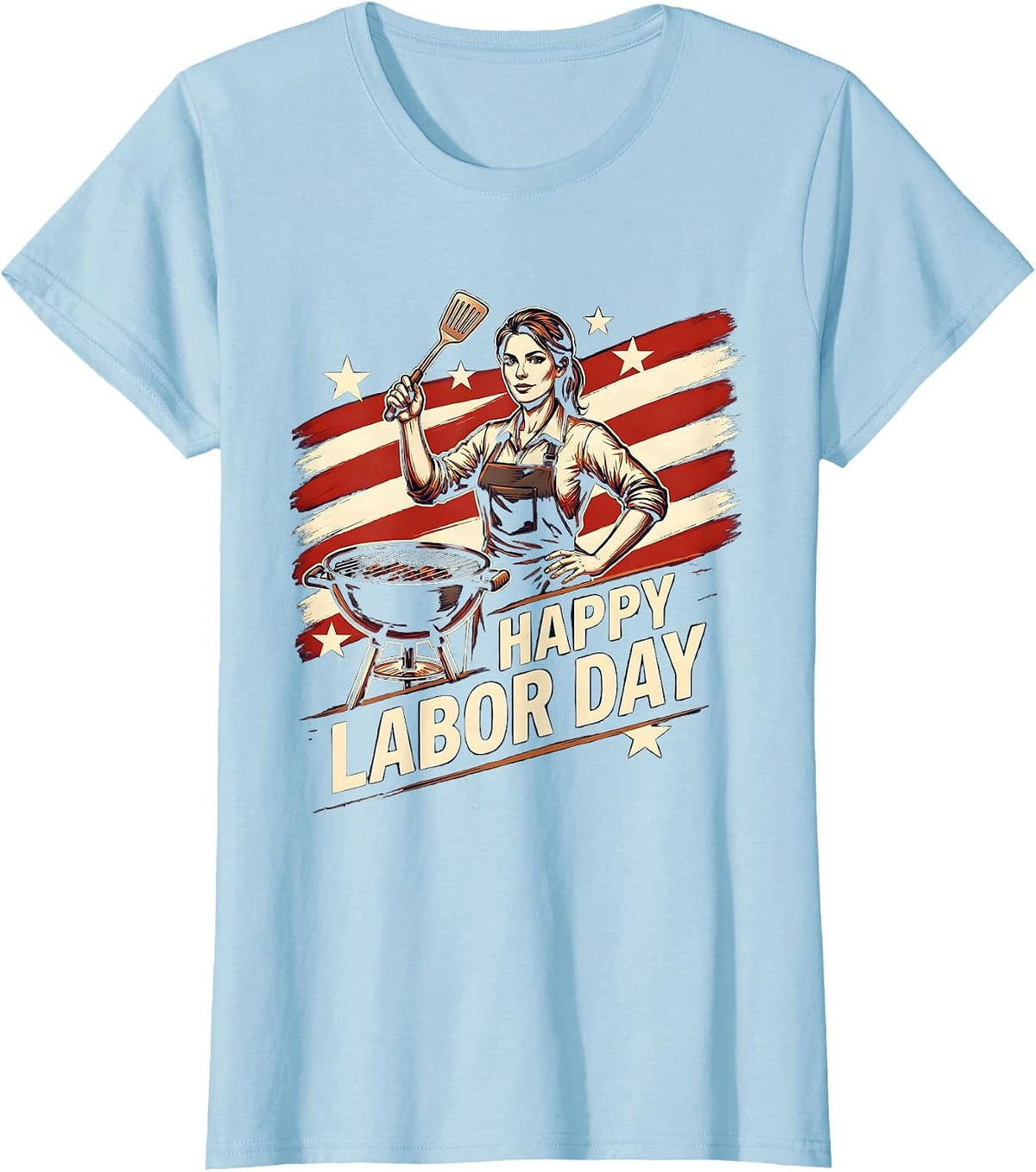 Happy Labor Day Patriotic Woman Work Apron BBQ Illustration T-Shirt - Baby Blue