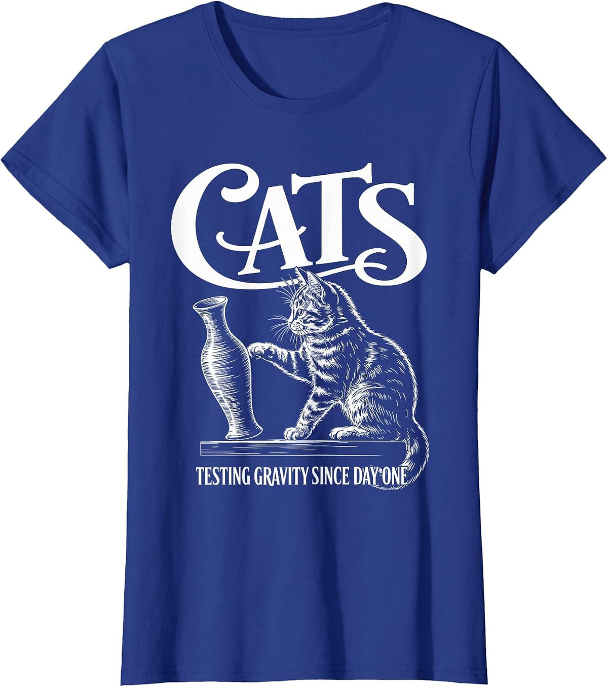 Funny Cat Physics Testing Gravity Since Day One, Math Joke T-Shirt - Royal Blue