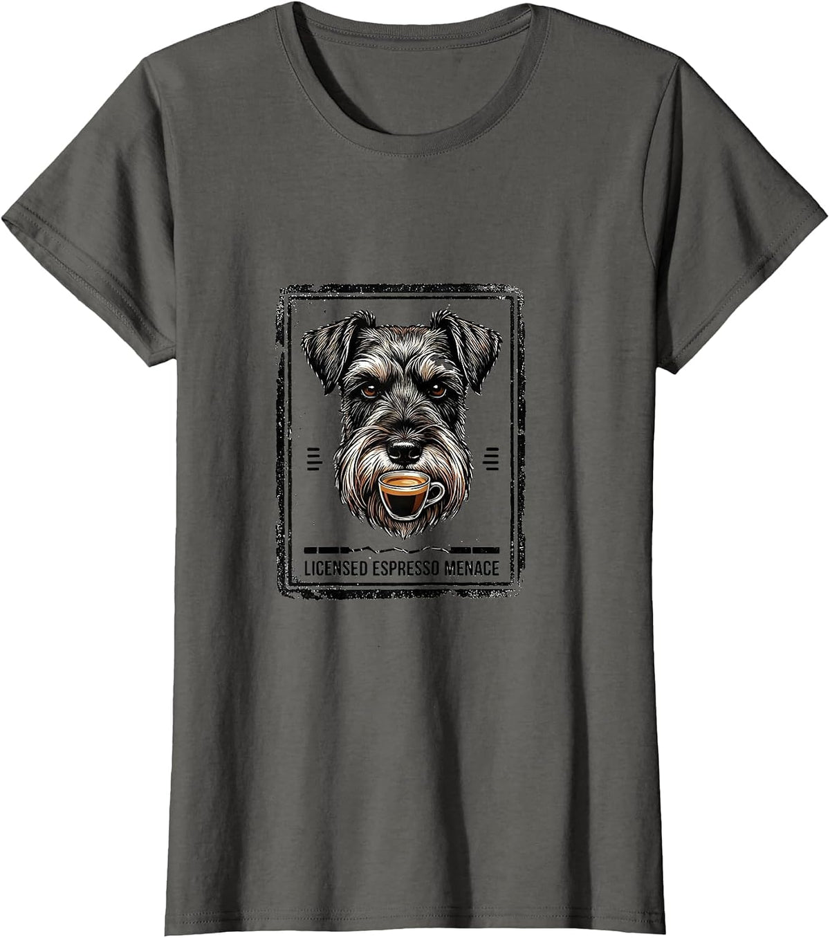 Women's Licensed Espresso Menace Funny Miniature Schnauzer Dog Meme T-Shirt - Asphalt Grey