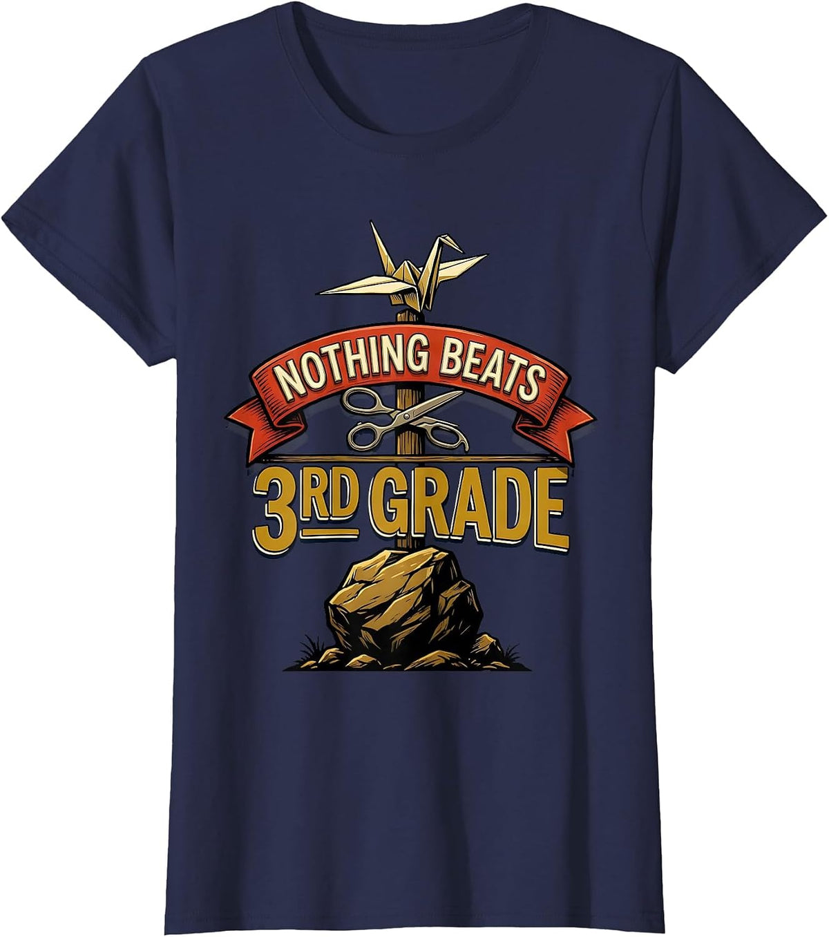 Women's Nothing Beats 3rd Grade Back to School Rock Paper Scissors T-Shirt - Navy Blue
