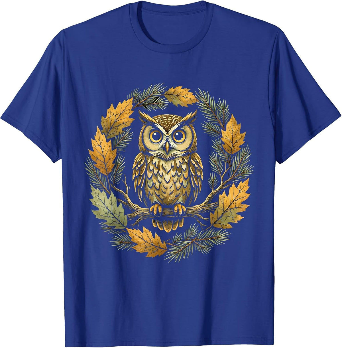 Owl on Branch Foggy Forest Cozy Season Design T-Shirt - Royal Blue