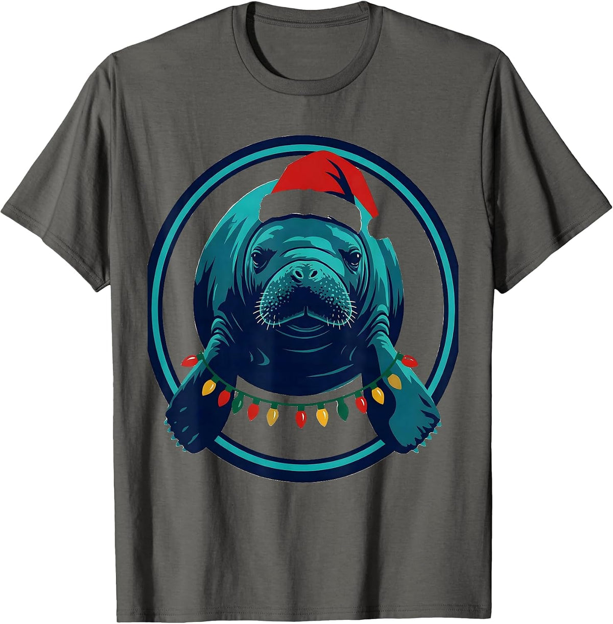 Men's Manatee Santa Hat Christmas Tree Lights Holiday Humor T-Shirt - Asphalt Grey