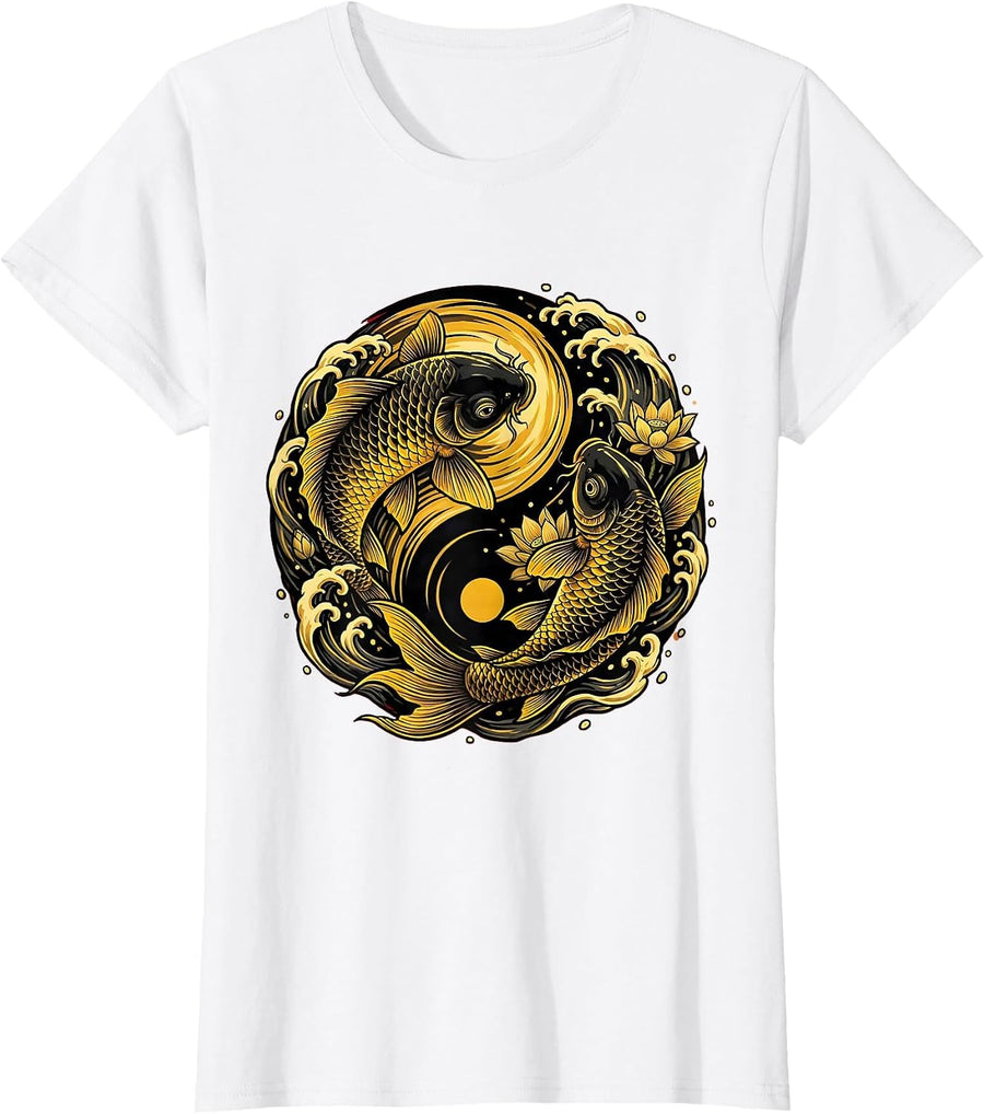 Women's Black and Yellow Koi Fish Swirling Graphic T-Shirt - White