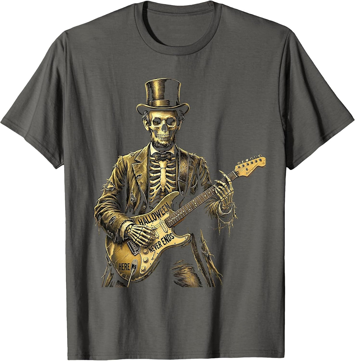 Skeleton Rock Band Halloween Never Ends Design T-Shirt - Asphalt Grey
