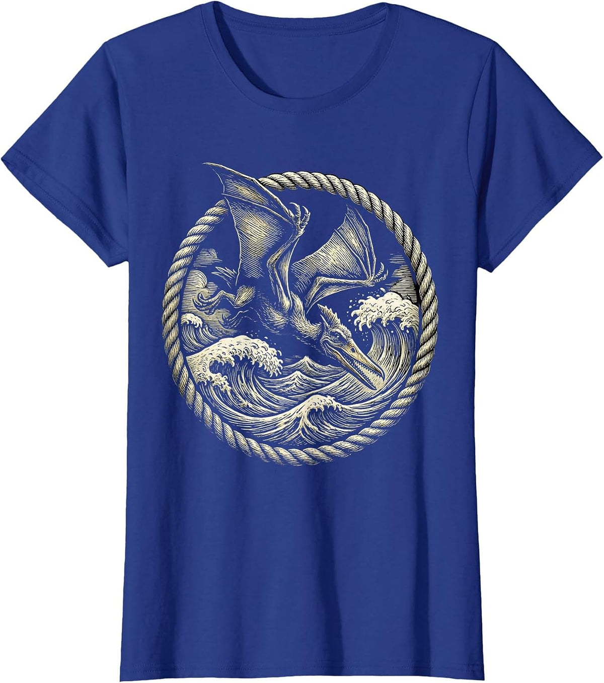 Women's Pterodactyl Diving Over Crashing Ocean Waves T-Shirt - Royal Blue