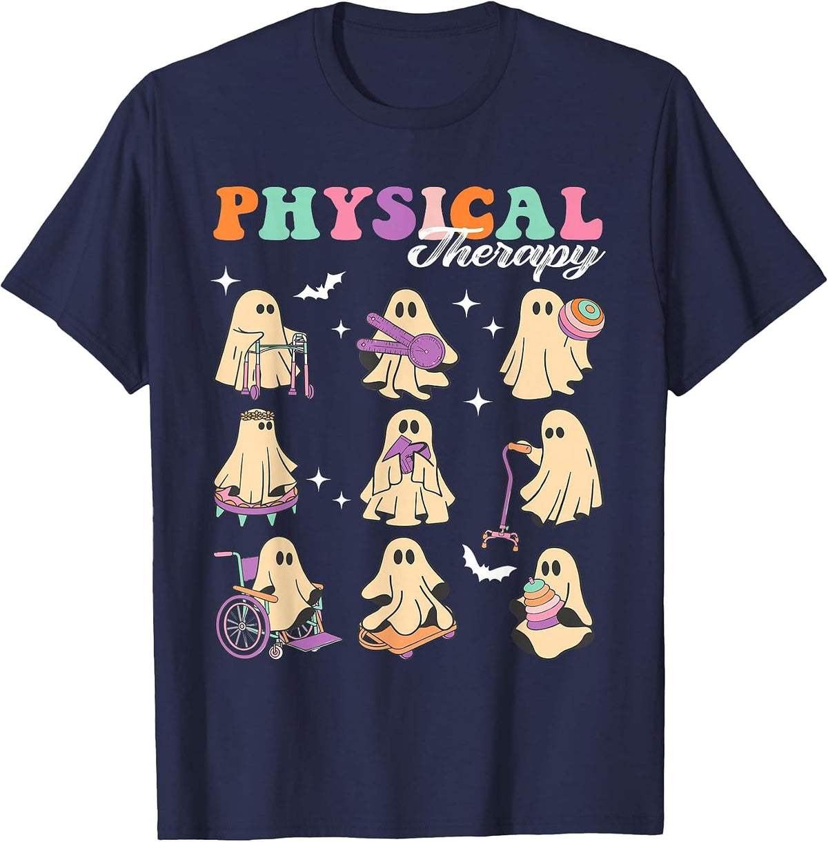 Ghost Physical Therapy Physical Therapist Halloween Groovy T-Shirt - Navy Blue