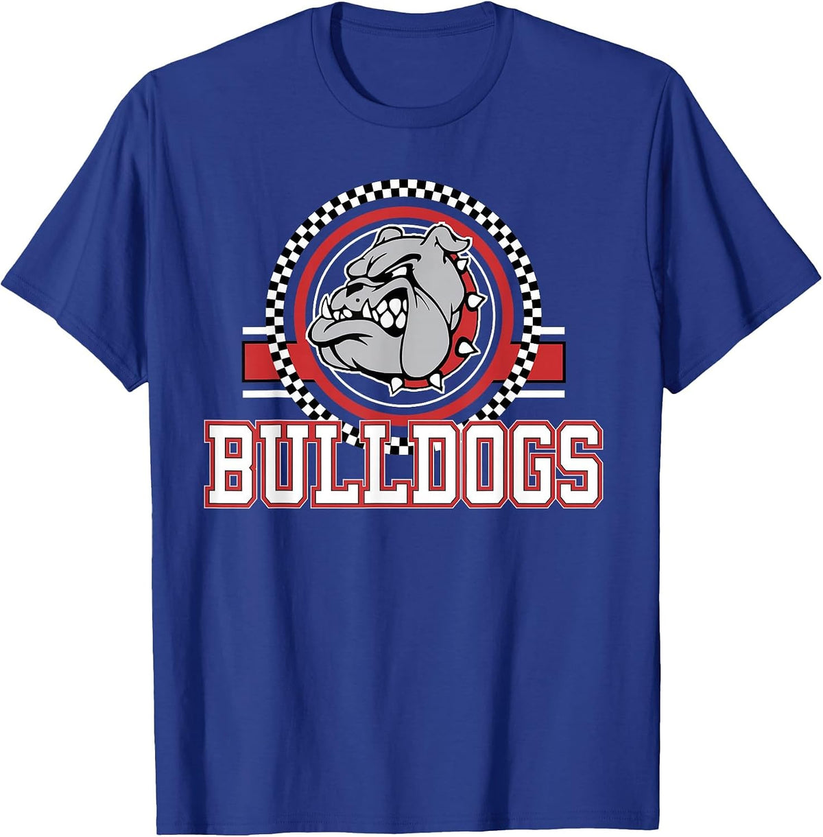 Bulldogs Checkered Print Logo Red Bulldog Mascot School T-Shirt - Royal Blue