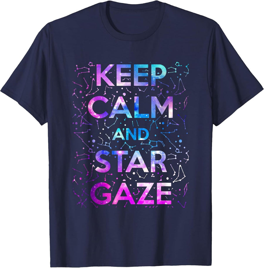 Keep Calm and Star Gaze Stargazing Constellation Space T-Shirt - Navy Blue