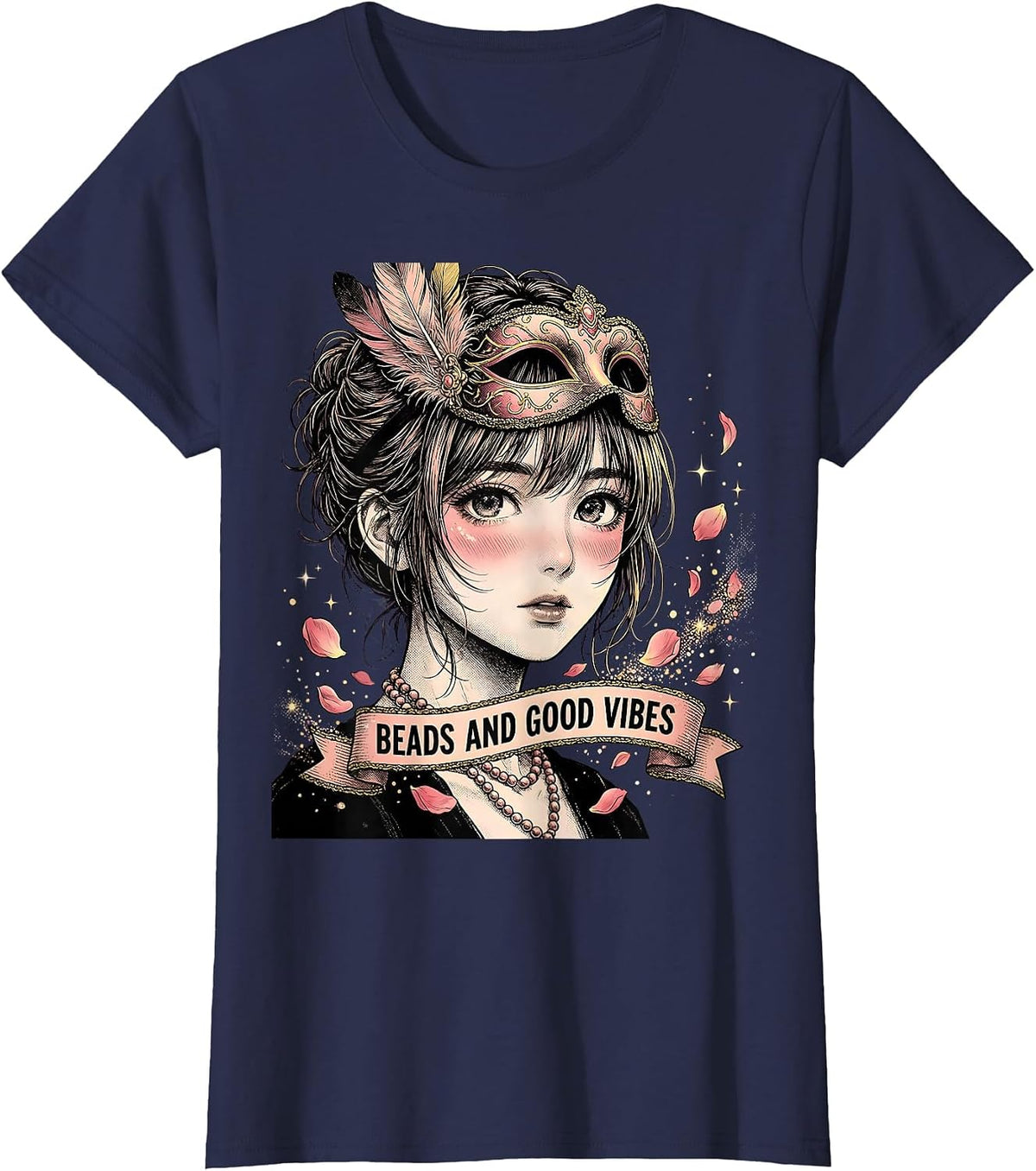 Women's Beads and Good Vibes Mardi Gras Design T-Shirt - Navy Blue
