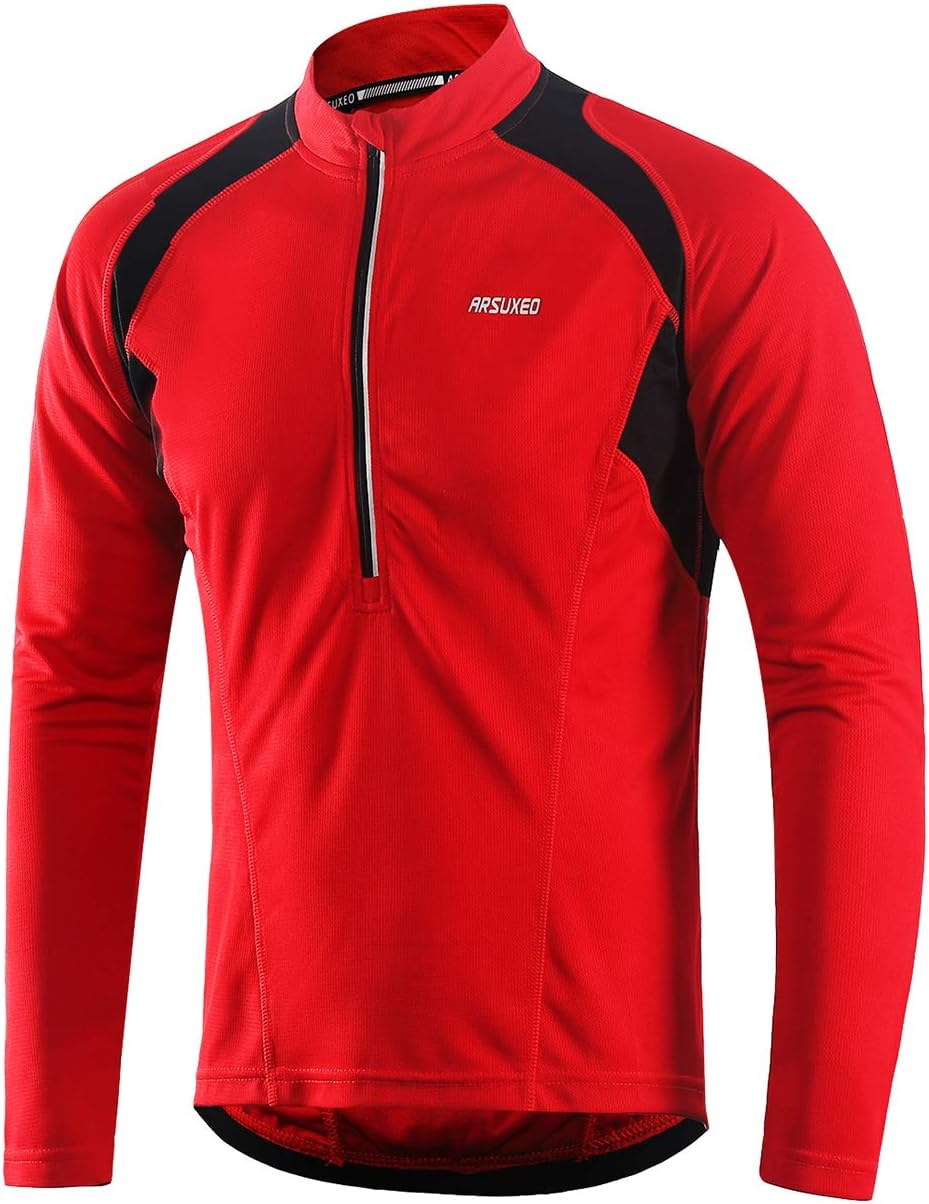 ARSUXEO Men's Half Zipper Cycling Jerseys Long Sleeves Mountain Bike Shirts 6031 - Red
