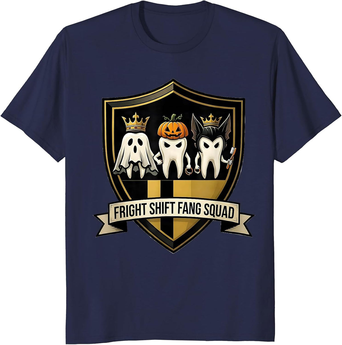 Fright Shift Fang Squad Dental Hygienist Funny Dentist T-Shirt - Navy Blue