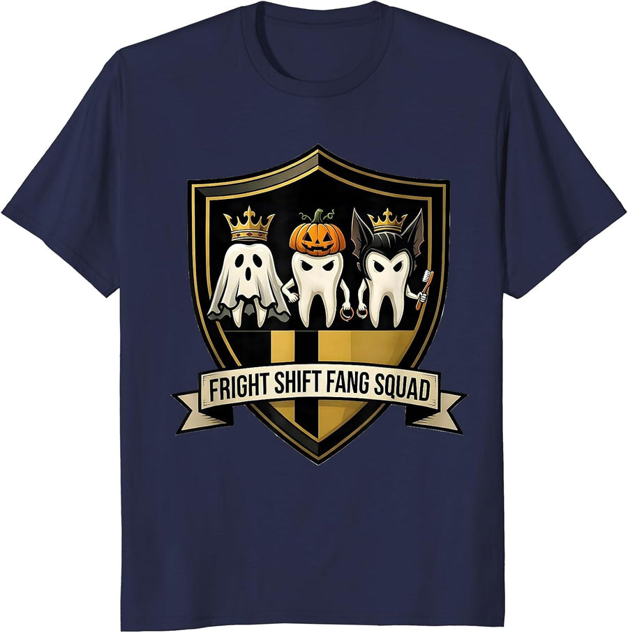 Fright Shift Fang Squad Dental Hygienist Funny Dentist T-Shirt - Navy Blue