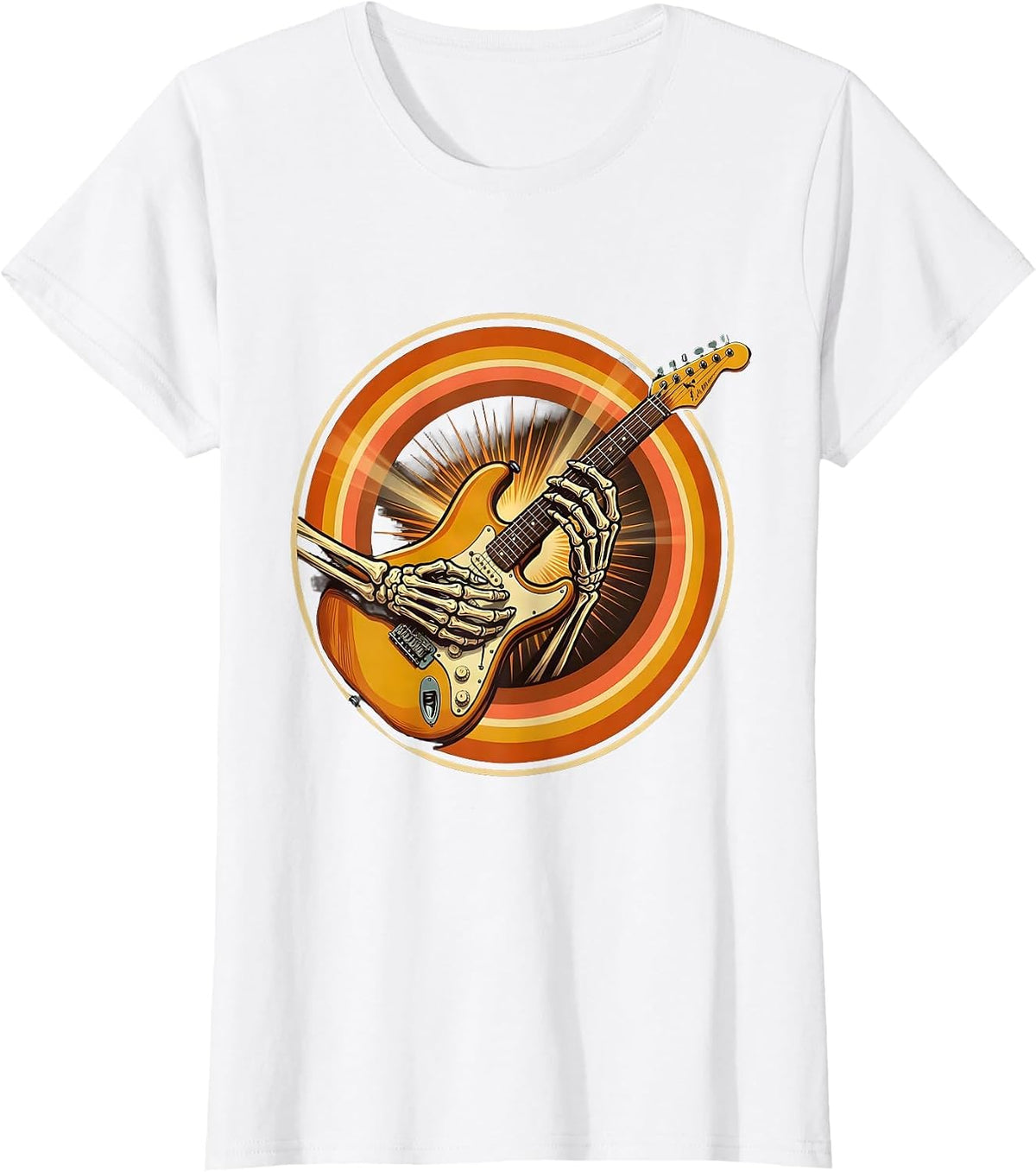 Women's Skeleton Guitarist Shredding on Stage Graphic T-Shirt - White