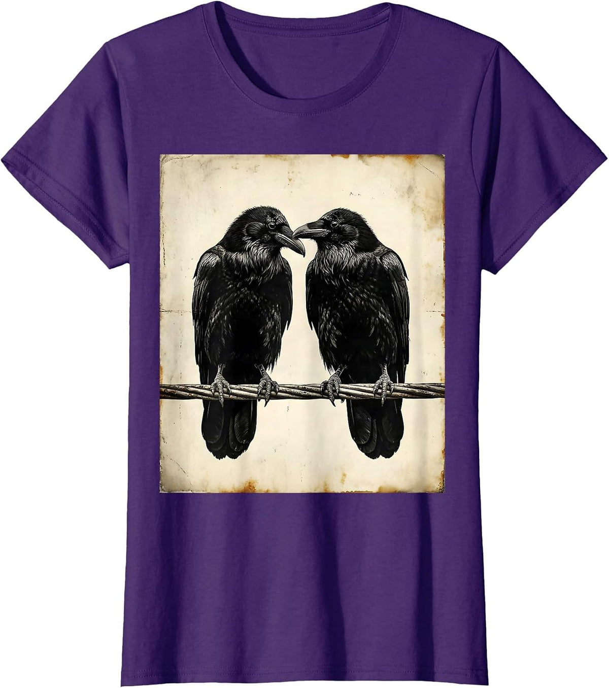 Women's Two Ravens on a Wire Facing Each Other T-Shirt - Purple