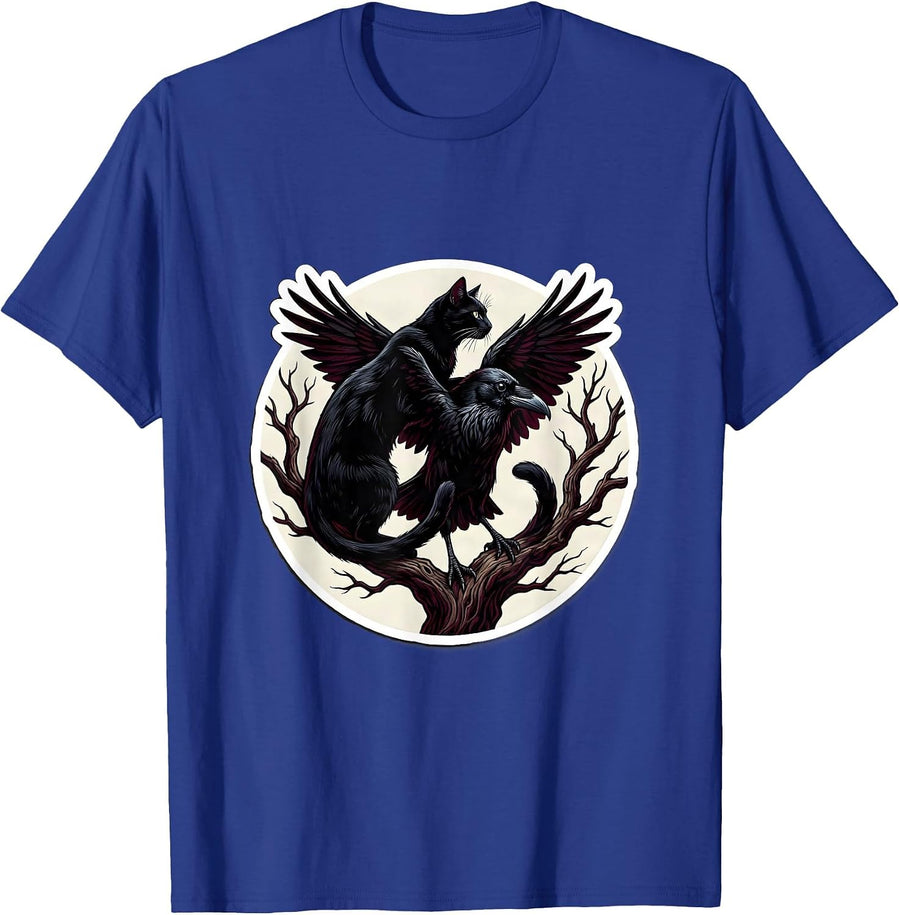Black Cat and Raven Tangled on Bare Branch T-Shirt - Royal Blue