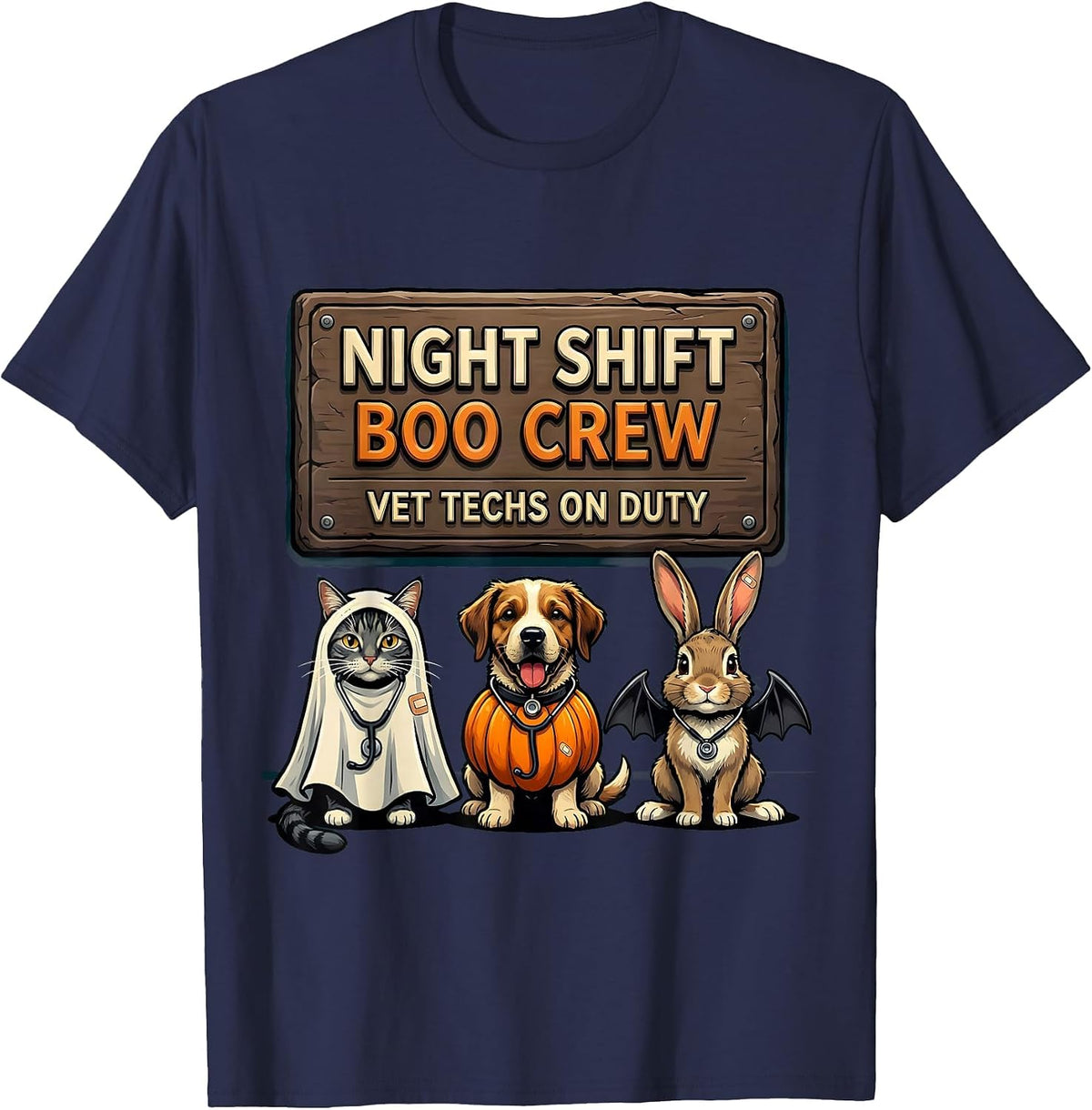 Men's Night Shift Boo Crew, Vet Techs On Duty Funny T-Shirt - Navy Blue