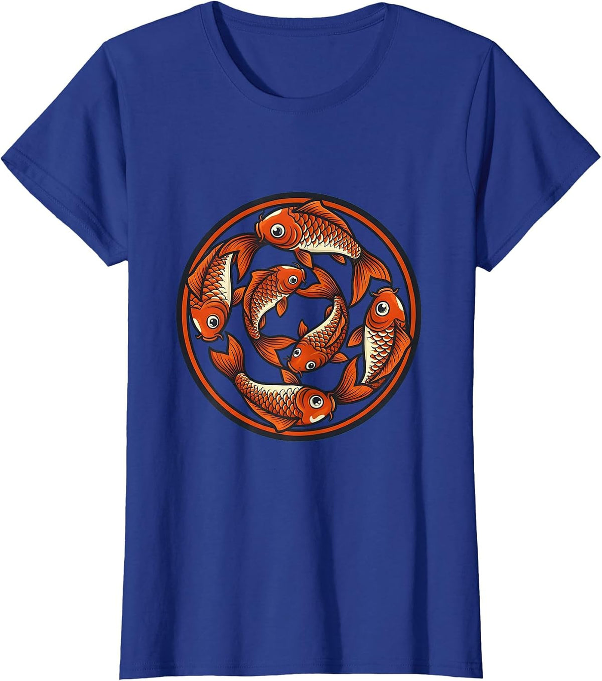 Women's Six Koi Fish Swimming in Spiral Illustration T-Shirt - Royal Blue