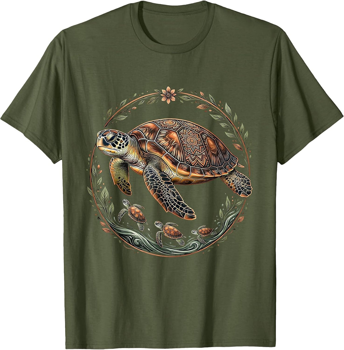 Men's Mama Turtle Guiding Hatchlings to the Ocean T-Shirt - Olive Green