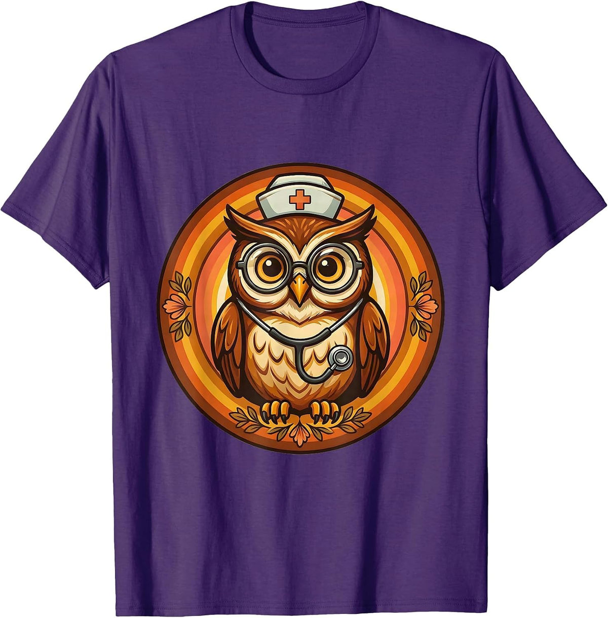 Men's School Nurse Owl with Glasses and Stethoscope T-Shirt - Purple
