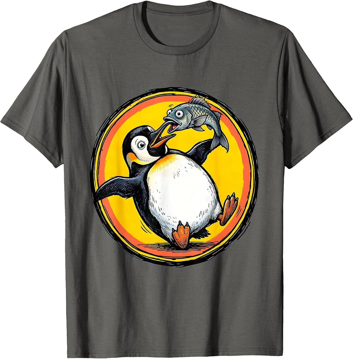 Derpy Penguin Balancing Fish on Its Nose T-Shirt - Asphalt Grey