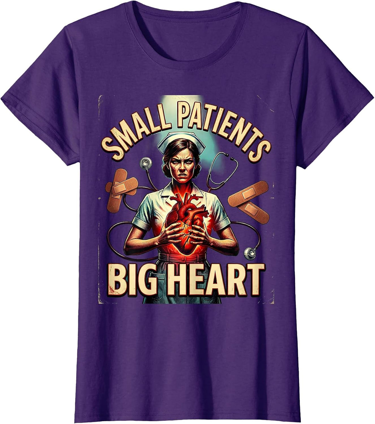 Women's Small Patients Big Heart School Nurse Design T-Shirt - Purple