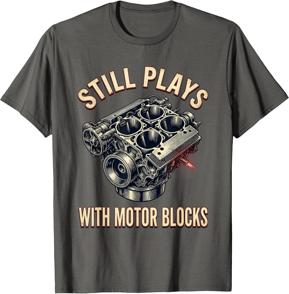 Men's Still Plays With Motor Blocks Vintage Mechanic Auto T-Shirt - Asphalt Grey