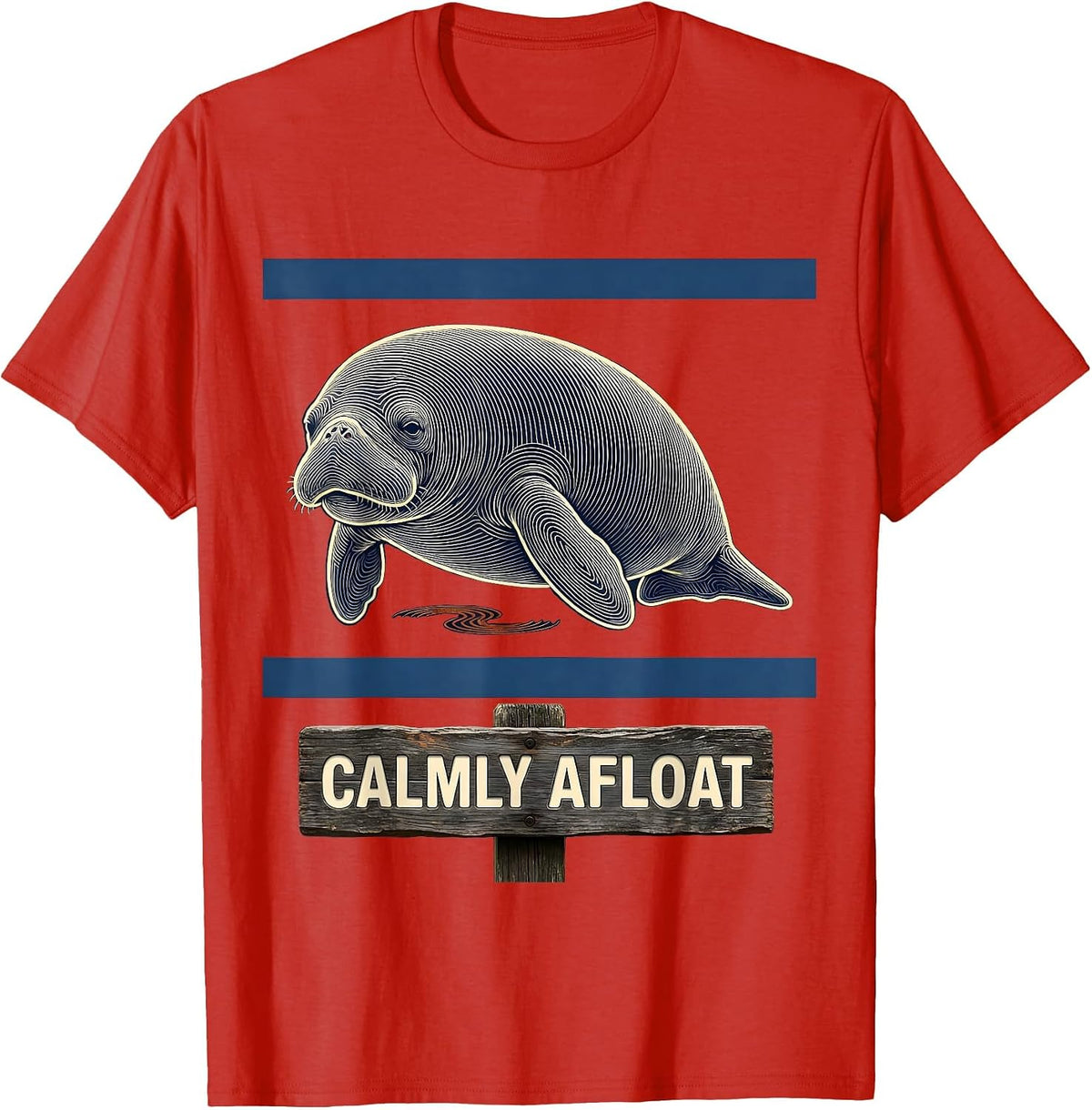Men's Calmly Afloat Topographic Contour Manatee Lover Funny Sea T-Shirt - Red