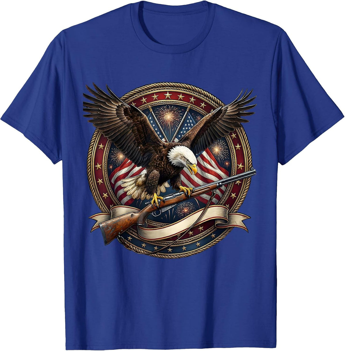 Bald Eagle Perched on Weathered Rifle Patriotic T-Shirt - Royal Blue